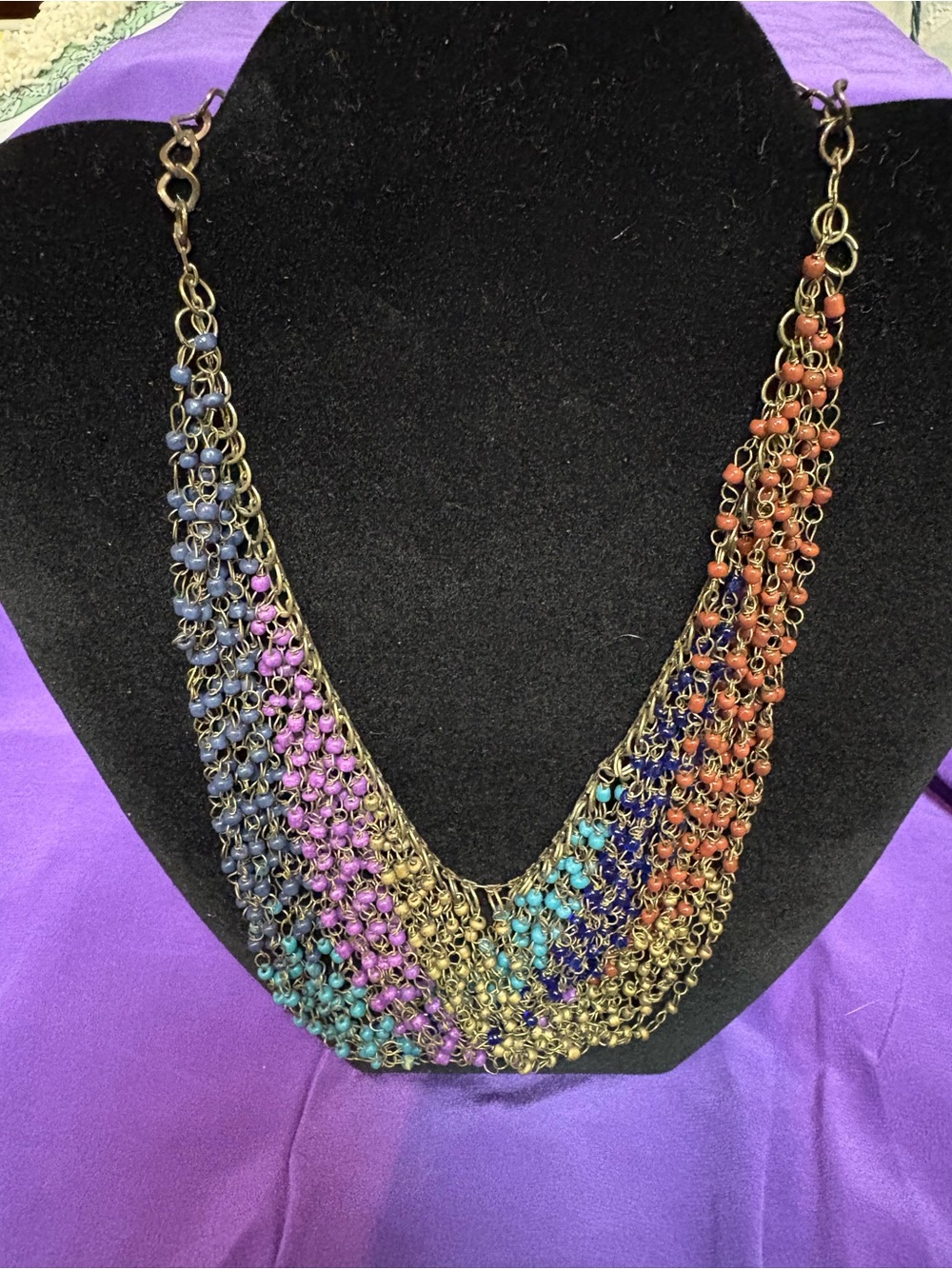 Vintage Chain Mail Bib Necklace With Multicolored Seed Beads